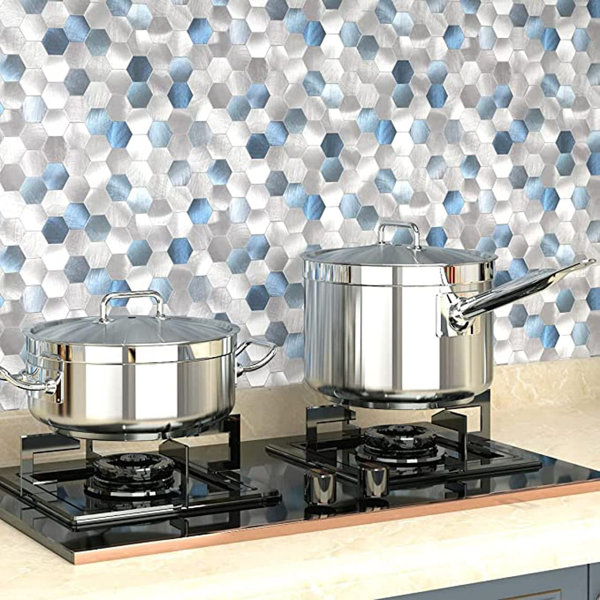Ivy Bronx Hexagons peel and stick metal tile backsplash for bathroom